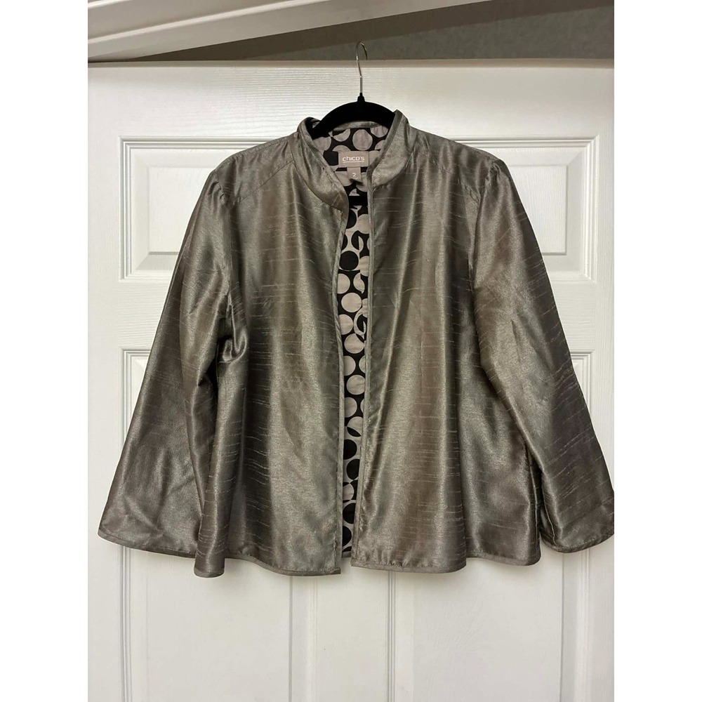 Chico's Jacket Womens 2 M Gold Metallic Open Front Lined Dressy Blazer EUC